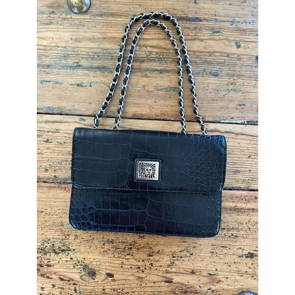 Anne Klein Black Faux Crocodile Shoulder Bag Double Chain Strap Pink Lining - Picture 1 of 7